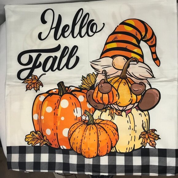 NWOT Pillow cover. Fall pumpkin, gnome, leaves, Hello Fall!  fits 18"-19" pillow - Picture 1 of 7